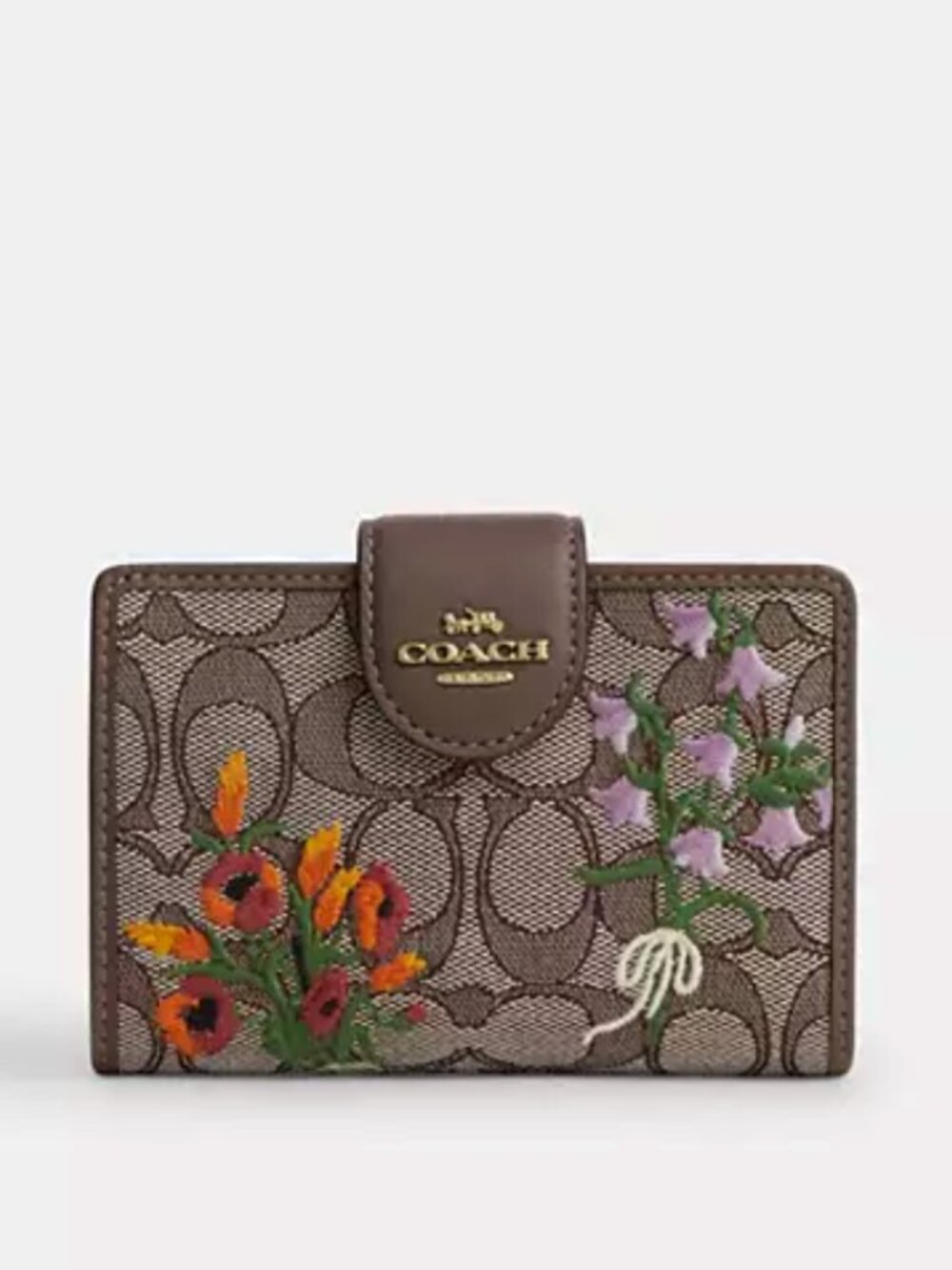 Coach Medium Corner Zip Wallet In Signature Jacquard With Floral Embroidery NWT